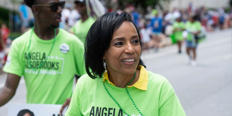 UNITED STATES - JULY 4: U.S. Senate candidate Angela Alsobrooks marches in the Towson 4th of July Parade in Towson, Md., on Tuesday, July 4, 2023. (Bill Clark/CQ Roll Call via AP Images)