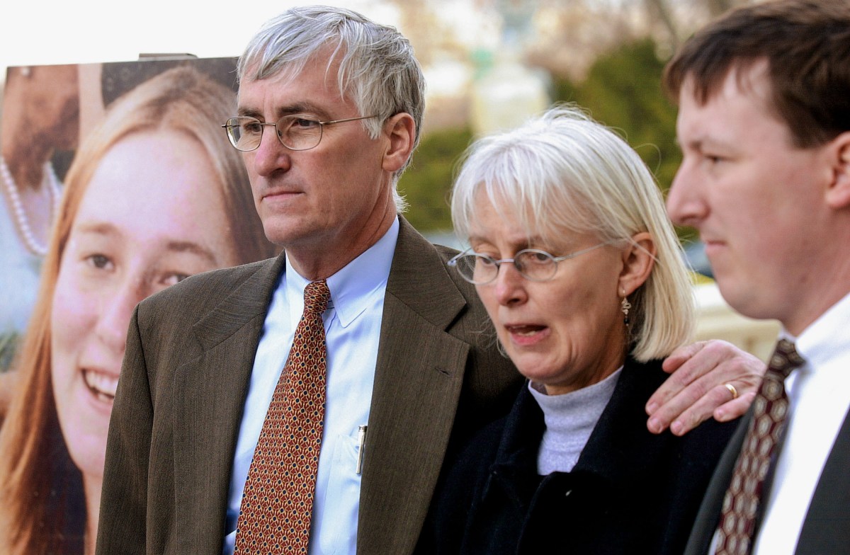 WASHINGTON - MARCH 19:  A photograph of peace activist Rachel Corrie (L) is on display next to her father Craig, mother Cynthia, and brother Chris Corrie March 19, 2003 in Washington, DC. Rachel Corrie was killed in the Gaza Strip by an Israeli army bulldozer March 16, 2003 as she was trying to prevent the bulldozer from destroying a Palestinian home. U.S. Representative Brian Baird (D-WA) introduced the family and is working to have the U.S. government investigate the incident.  (Photo by Stefan Zaklin/Getty Images)