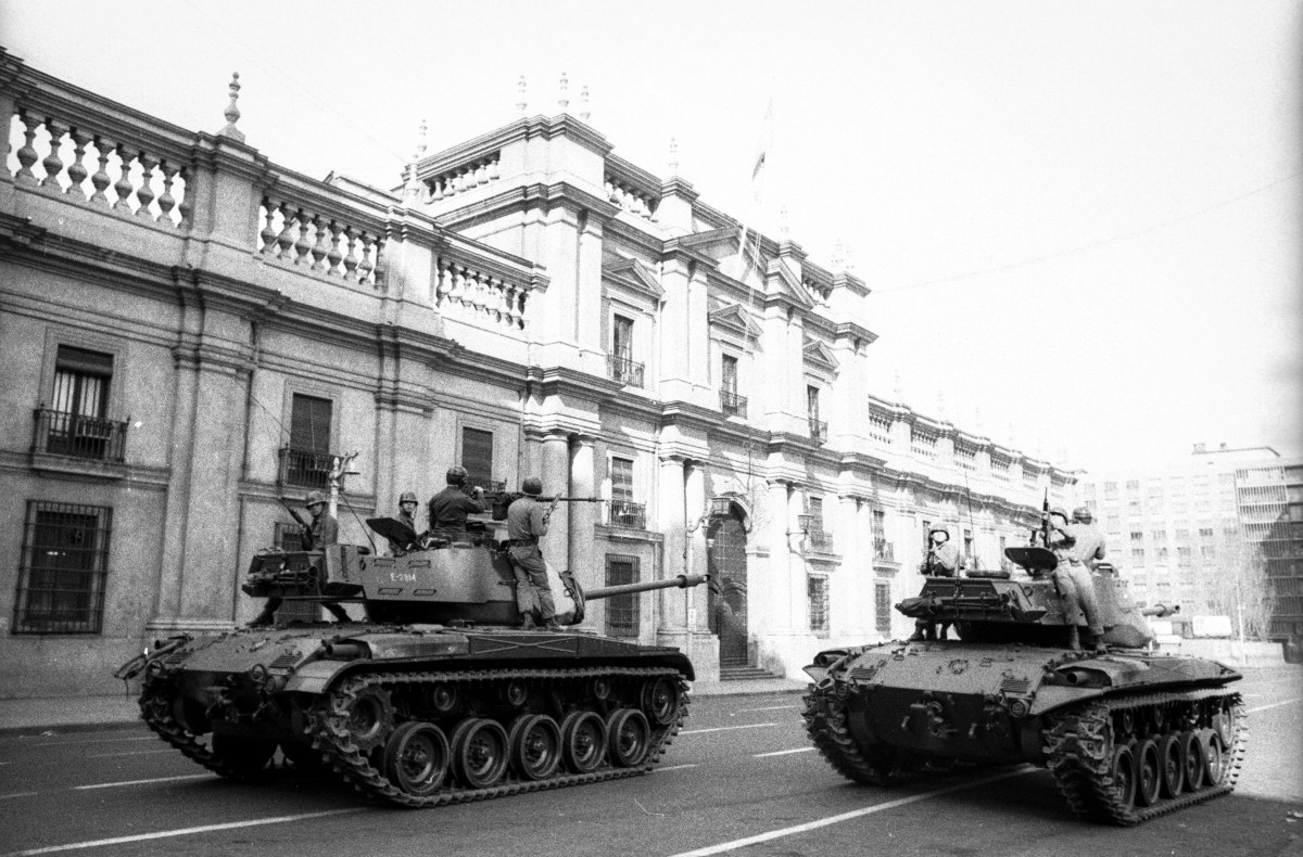 1973 File Photo: At ten in the morning, the tanks arrived in front of La Moneda and the shooting continued in the aftermath of the coup d'etat led by Commander of the Army General Augusto Pinochet. (Photo by Horacio Villalobos/Corbis via Getty Images)