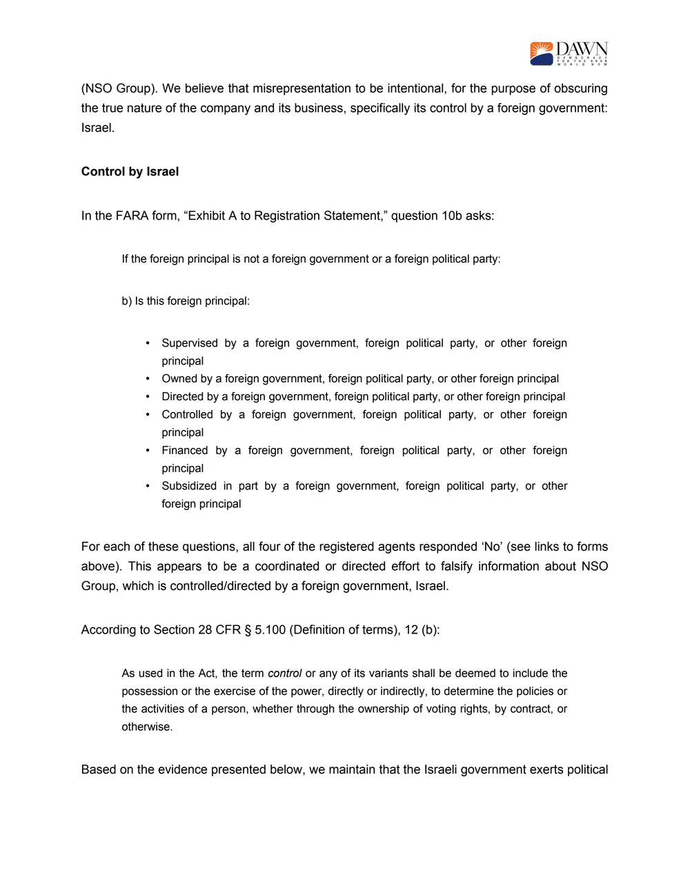 Page 2 from DAWN Complaint Letter About NSO Lobbyists and FARA