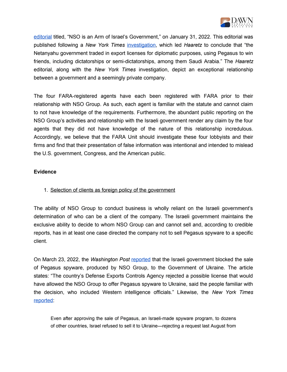 Page 4 from DAWN Complaint Letter About NSO Lobbyists and FARA