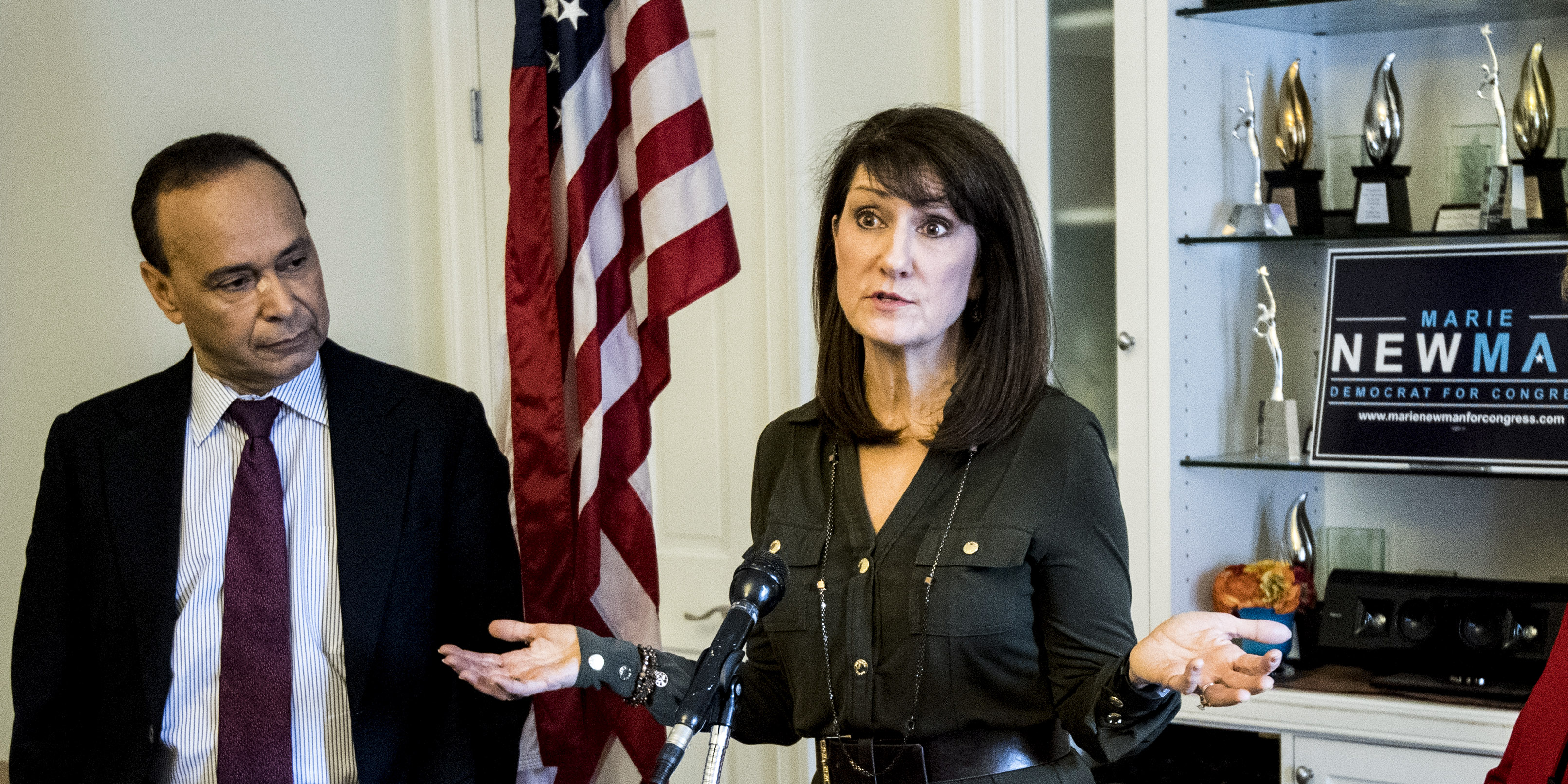 UNITED STATES - JANUARY 17: Marie Newman, center, candidate for Congress in IL-03, speaks during event to receive the endorsement of Reps. Jan Schakowsky, D-Ill., right, and Rep. Luis Gutierrez, D-Ill., left, in Washington on Wednesday, Jan. 17, 2018. (Photo By Bill Clark/CQ Roll Call) (CQ Roll Call via AP Images)