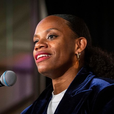 State Rep. Summer Lee, who is seeking the Democratic Party nomination for Pennsylvania's 12th District U.S. Congressional district, speaks to supporters before being endorsed by Sen. Bernie Sanders, I-Vt., during a campaign stop in Pittsburgh, Thursday, May 12, 2022. Pennsylvania's primary election is Tuesday, May 17, 2022. (AP Photo/Rebecca Droke)