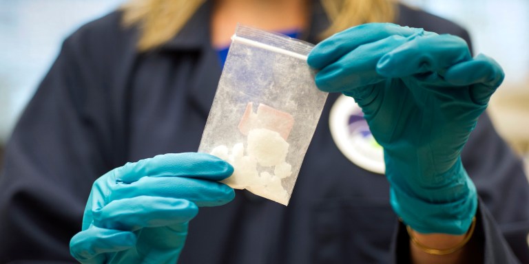 FILE - A bag of 4-fluoro isobutyryl fentanyl which was seized in a drug raid is displayed at the Drug Enforcement Administration (DEA) Special Testing and Research Laboratory in Sterling, Va., on Aug. 9, 2016. China on Friday, July 7, 2023, insisted it is up to the U.S. to “create necessary conditions” for anti-drugs cooperation, following complaints from Washington that Beijing has ignored its calls for a crackdown on precursor chemicals for the highly addictive painkiller fentanyl. (AP Photo/Cliff Owen, File)