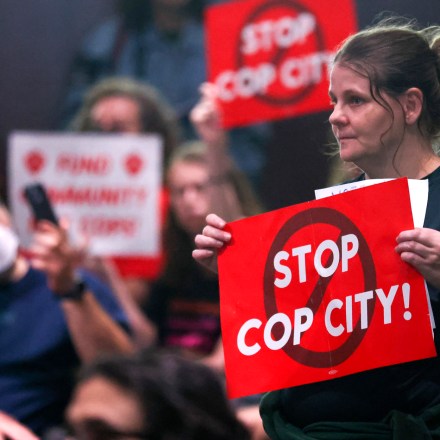 FILE - Protestors reacts before council members voted 11-4 to approve legislation to fund the Atlanta Public Safety Training Center, June 6, 2023, in Atlanta. Sixty-one people have been indicted in Georgia on racketeering charges following a long-running state investigation into protests against a proposed police and training facility in the Atlanta area that critics call “Cop City.” The Tuesday, Aug. 29, 2023, indictment under the state’s racketeering law was released by Fulton County officials on Tuesday, Sept. 5. (Jason Getz/Atlanta Journal-Constitution via AP, File)