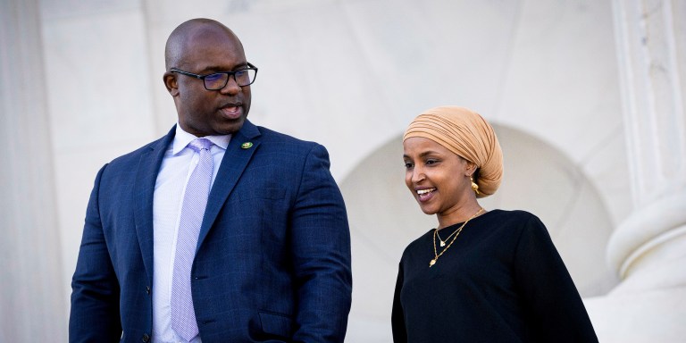 Representative Jamaal Bowman (D-N.Y.) and Representative Ilhan Omar (D-MN) speak outside the U.S. Capitol, in Washington, D.C., on Thursday, September 14, 2023. (Graeme Sloan/Sipa USA)(Sipa via AP Images)