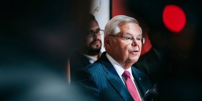 New Jersey's Democratic Senator Robert Menendez rejects the charges brought against him by federal prosecutors during a press conference in Jersey City. Federal prosecutors claim he illegally used his position to help the Egyptian government in exchange for bribes. (Photo by Olga Fedorova / SOPA Images/Sipa USA)(Sipa via AP Images)