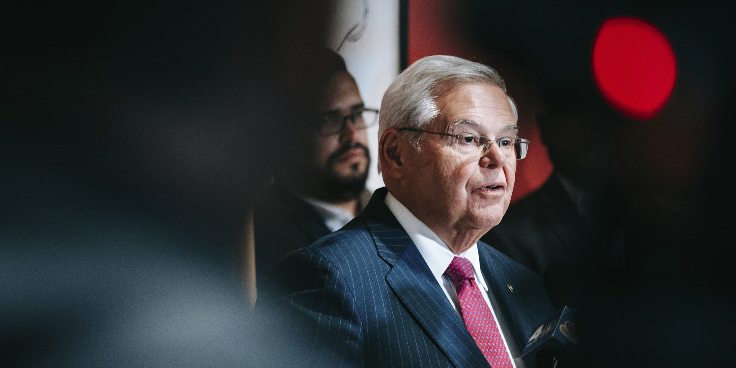 New Jersey's Democratic Senator Robert Menendez rejects the charges brought against him by federal prosecutors during a press conference in Jersey City. Federal prosecutors claim he illegally used his position to help the Egyptian government in exchange for bribes. (Photo by Olga Fedorova / SOPA Images/Sipa USA)(Sipa via AP Images)