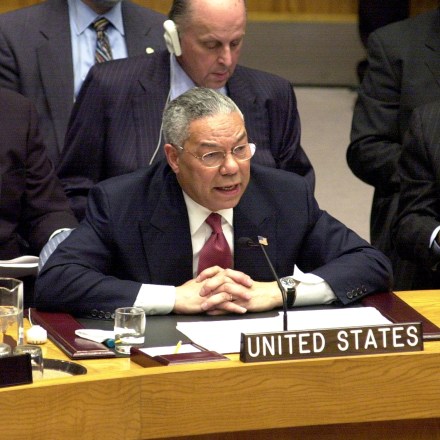 UNITED STATES - FEBRUARY 05:  Secretary of State Colin Powell addresses the United Nations Security Council. Wielding dramatic satellite photos and intelligence intercepts, he cited "irrefutable and undeniable" evidence that Iraq still conceals massive quantities of terror weapons. Seated in the row behind Powell, is CIA Director George Tenet (left).  (Photo by Thomas Monaster/NY Daily News Archive via Getty Images)