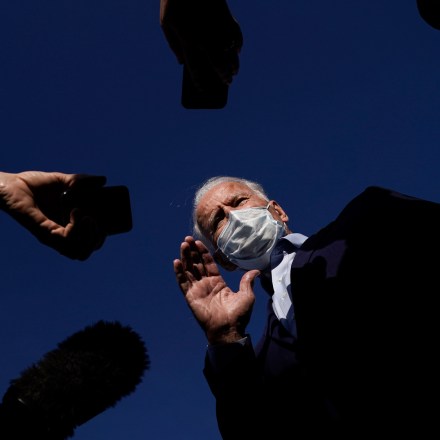 DULUTH, MN - SEPTEMBER 18: Democratic presidential nominee and former Vice President Joe Biden speaks to reporters before boarding his campaign plane at Duluth International Airport on September 18, 2020 in Duluth, Minnesota. Biden toured a carpenters training facility, visited with people at a coffee shop downtown and stopped at a fire station. (Photo by Drew Angerer/Getty Images)