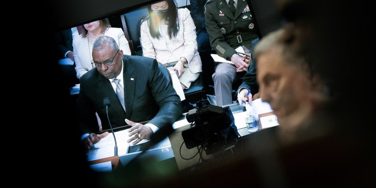 US Secretary of Defense Lloyd Austin is seen on a monitor while testifying during a House Appropriations Subcommittee on Defense hearing regarding the 2023 budget request for the Department of Defense, on Capitol Hill in Washington, DC, on May 11, 2022. (Photo by Brendan Smialowski / AFP) (Photo by BRENDAN SMIALOWSKI/AFP via Getty Images)