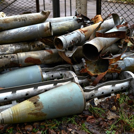 TORETSK, UKRAINE - DECEMBER 18: The remains of artillery shells and missiles including cluster munitions are stored on December 18, 2022 in Toretsk, Ukraine. Inhabitants living on the frontline on the outskirts of Toretsk give the location of allegedly dangerous devices to the rescuers of the State Emergency Service of Ukraine. (Photo by Pierre Crom/Getty Images)