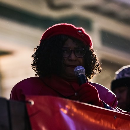 OAKLAND, CA - JANUARY 29: Alameda district attorney Pamela Price speaks during a protest of a thousand of people at the Oscar Grant Plaza over Tyre Nichols killing by Memphis police, in Oakland, California, United States on January 29, 2023. (Photo by Tayfun Coskun/Anadolu Agency via Getty Images)