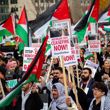 DETROIT, MICHIGAN, UNITED STATES - 2023/10/28: Protesters hold flags and placards expressing their opinion during a Cease Fire on Gaza rally. A massive gathering of over a thousand protesters from in and around Detroit attended the rally in solidarity with Palestine. The residents of Detroit and nearby communities have been organizing frequent rallies due to Israel's escalating bombardments and attacks on Gaza, which began after an attack by Palestinian militant group Hamas on Israel on October 7, 2023. Detroit is home to the largest Arab population in the United States, including many Palestinians. (Photo by Matthew Hatcher/SOPA Images/LightRocket via Getty Images)