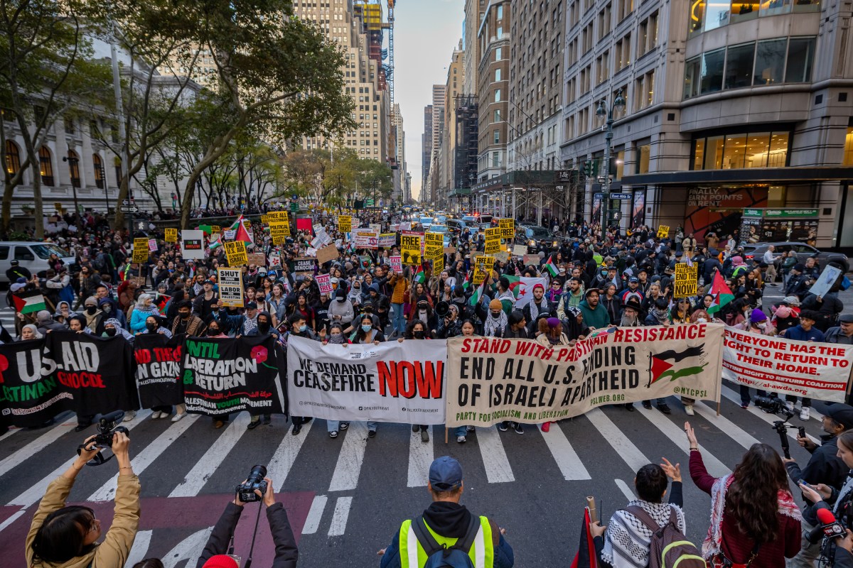 NEW YORK, UNITED STATES - 2023/11/09: Students, teachers, and pro-Palestinian allies march through Midtown Manhattan during a Student Walkout protest calling for a ceasefire between Israel and Hamas. Since October 7, the Israeli army's bombardment of the Palestinian enclave, in retaliation for the Hamas attack on Israel that killed over 1,400 people, has seen thousands of buildings razed to the ground, more than 10,000 people killed and 1.4 million displaced whilst Gaza remains besieged. (Photo by Michael Nigro/Pacific Press/LightRocket via Getty Images)